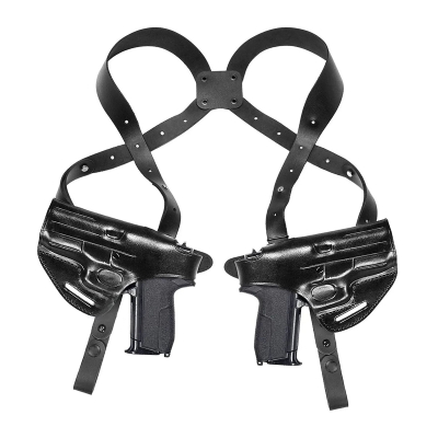 Black Leather Horizontal Shoulder Holster – Double Mag & Thumb-Break