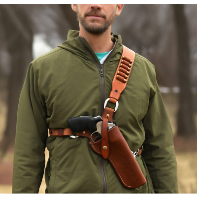Premium Tan Leather Chest Holster – Revolver Bandolier Style