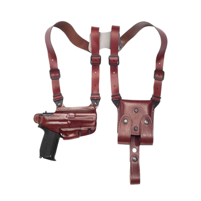Brown Leather Horizontal Shoulder Holster with Double Magazine Pouch