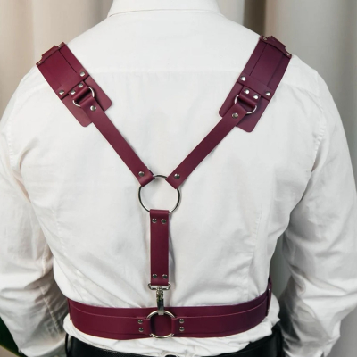 Genuine Leather Y-Harness for Men – Burgundy Chest Harness with Buckles, Clubwear, Brutal Style, Valentine’s Gift & Halloween Costume