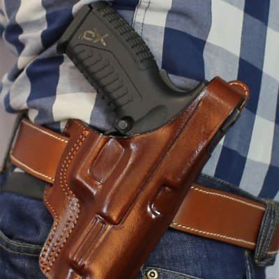 Handcrafted Slim-Design OWB Leather Gun Holster with Belt Loops – Custom Molded for Perfect Fit and Front Security Strap
