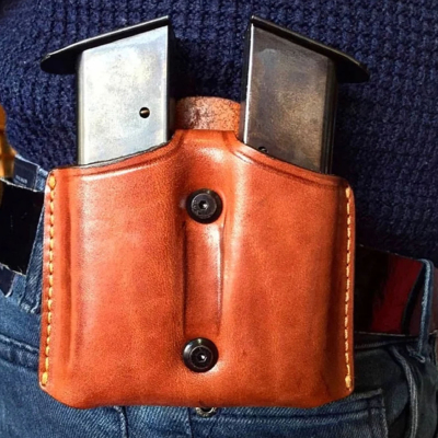 K008 double magazine pouch, leather, belt clip, brown