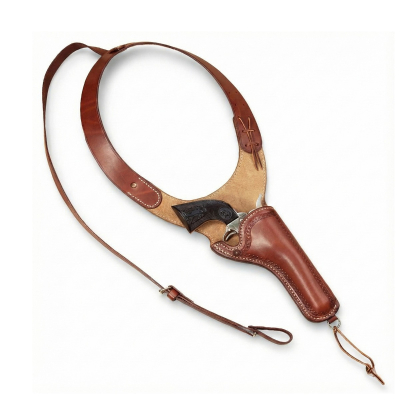 Brown leather 1911 tanker shoulder holster with adjustable chest strap, shown on a white background.