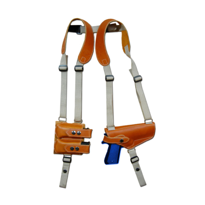 Handmade Tan Leather Vertical Shoulder Holster – Double Mag Pouch (Webbing Harness)