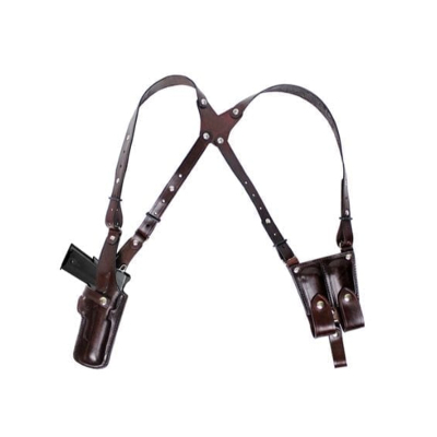 Vertical Shoulder Leather Holster With Double Magazine Pouch