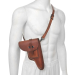 Brown leather military shoulder holster with magazine pouches worn cross-body